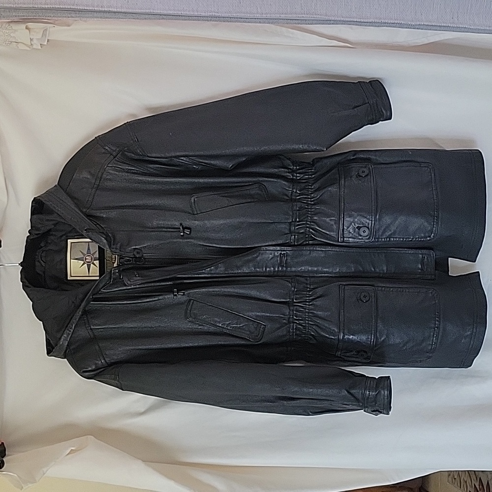 Vintage leather coat with hoodie